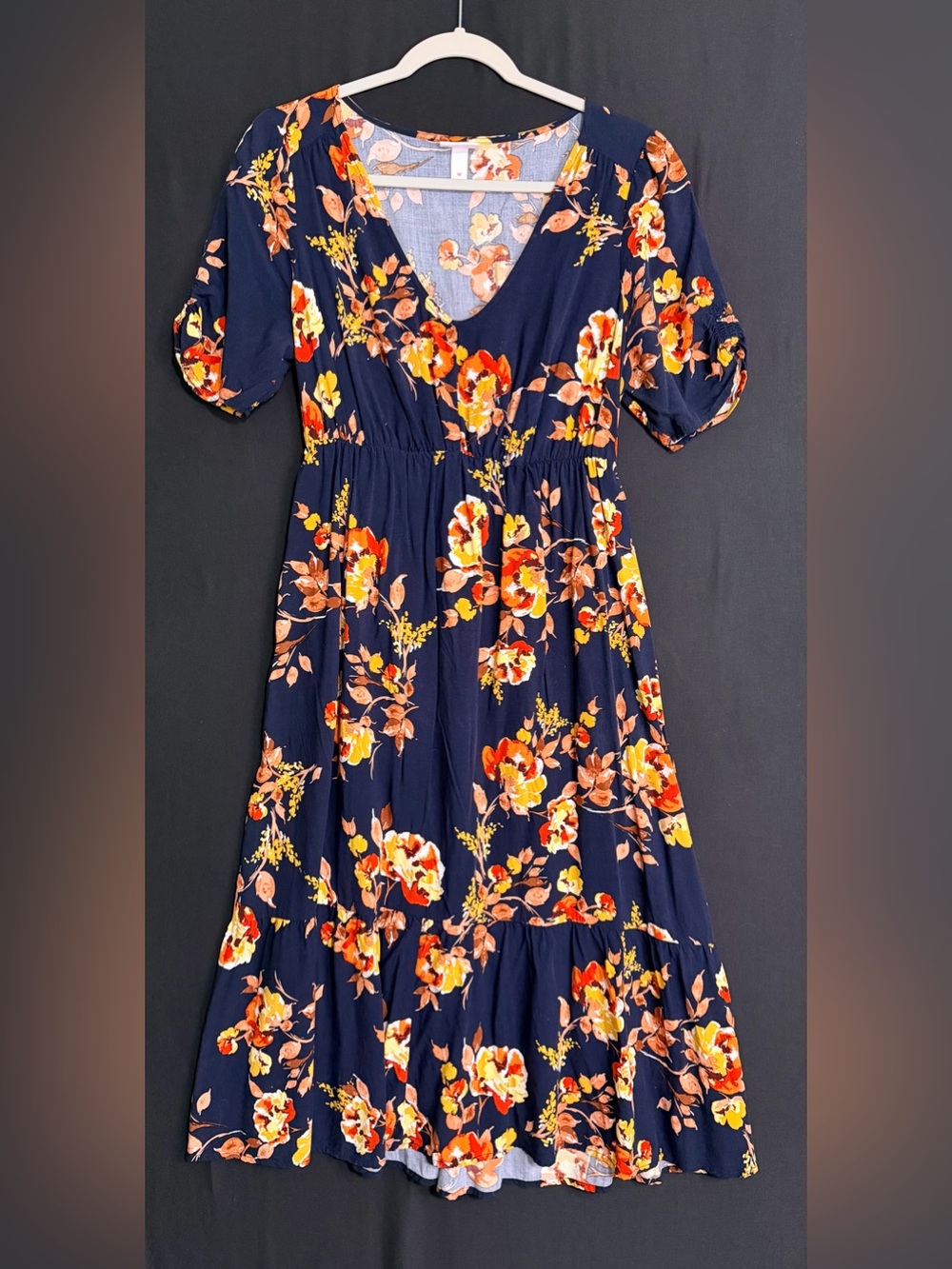 Isabel Maternity Ingrid & Isabel Navy Floral V-Neck Dress with Orange & Yellow